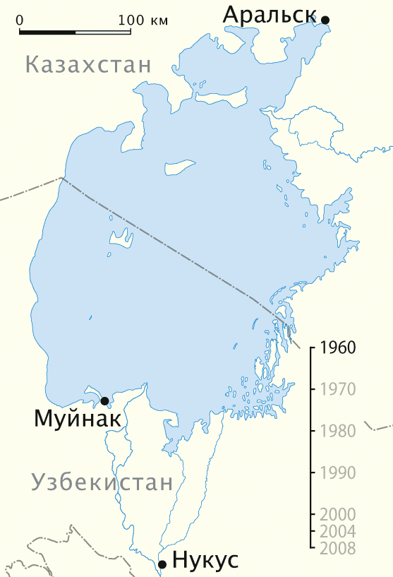 Падение уровня Аральского моря с 1960 по 2008г.